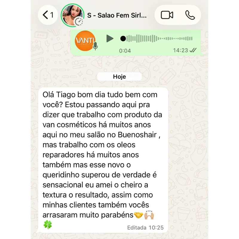 Depoimento de cabeleireira sobre o Reparador de Pontas Queridinho Vanti no WhatsApp