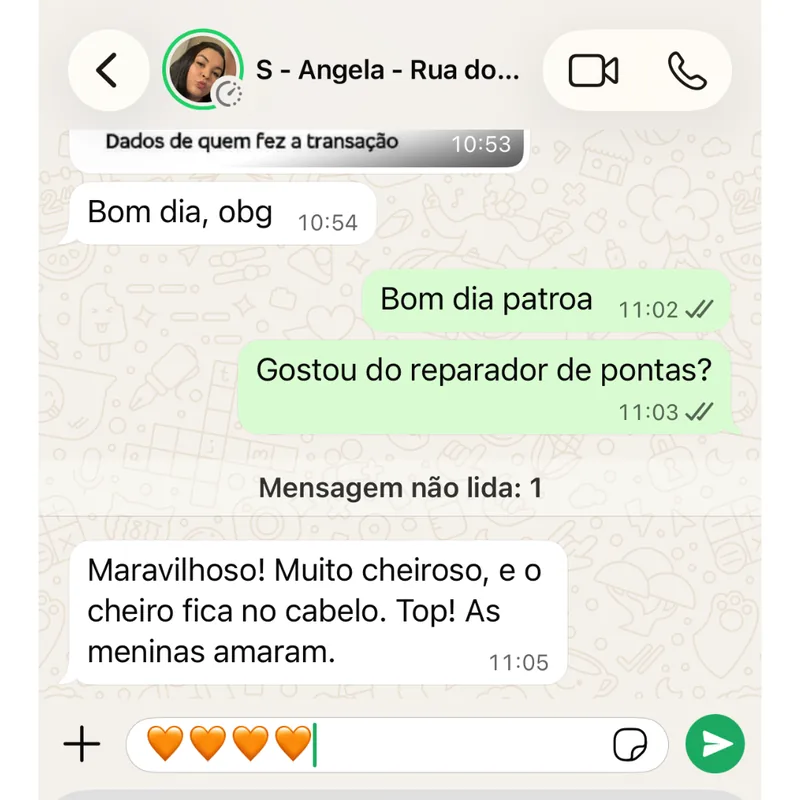Depoimento de cabeleireira sobre o Reparador de Pontas Queridinho Vanti no WhatsApp