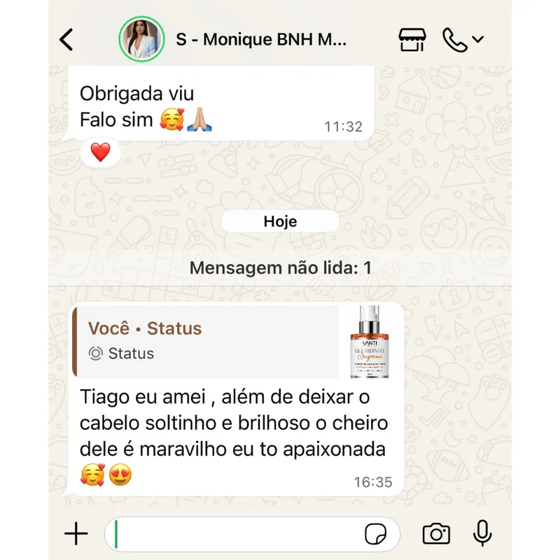 Depoimento de cabeleireira sobre o Reparador de Pontas Queridinho Vanti no WhatsApp